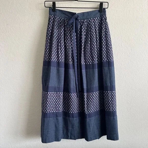 BETTY BARCLAY Vintage 70s Navy Blue Floral Grid A-Line Maxi Skirt Womens XS-S - Picture 2 of 6